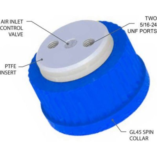 Cp Lab Safety. CP Lab Safety 2-Port Cap with Air Inlet Valve and Plugs, For Glass Bottles with GL45 Closure, Blue WF-SV-1242-2KIT